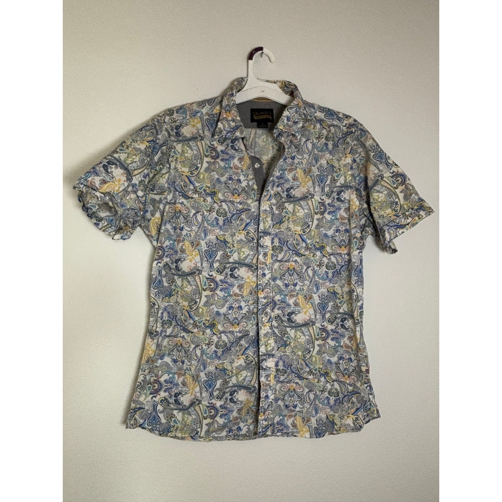 Cremieux Premium Denim Mens Large Blue Yellow Paisley Short Sleeve‎ Button Shirt